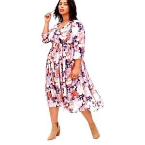 TORRID NEW Navy Floral Swiss Dot Button down Tea- Length Dress.